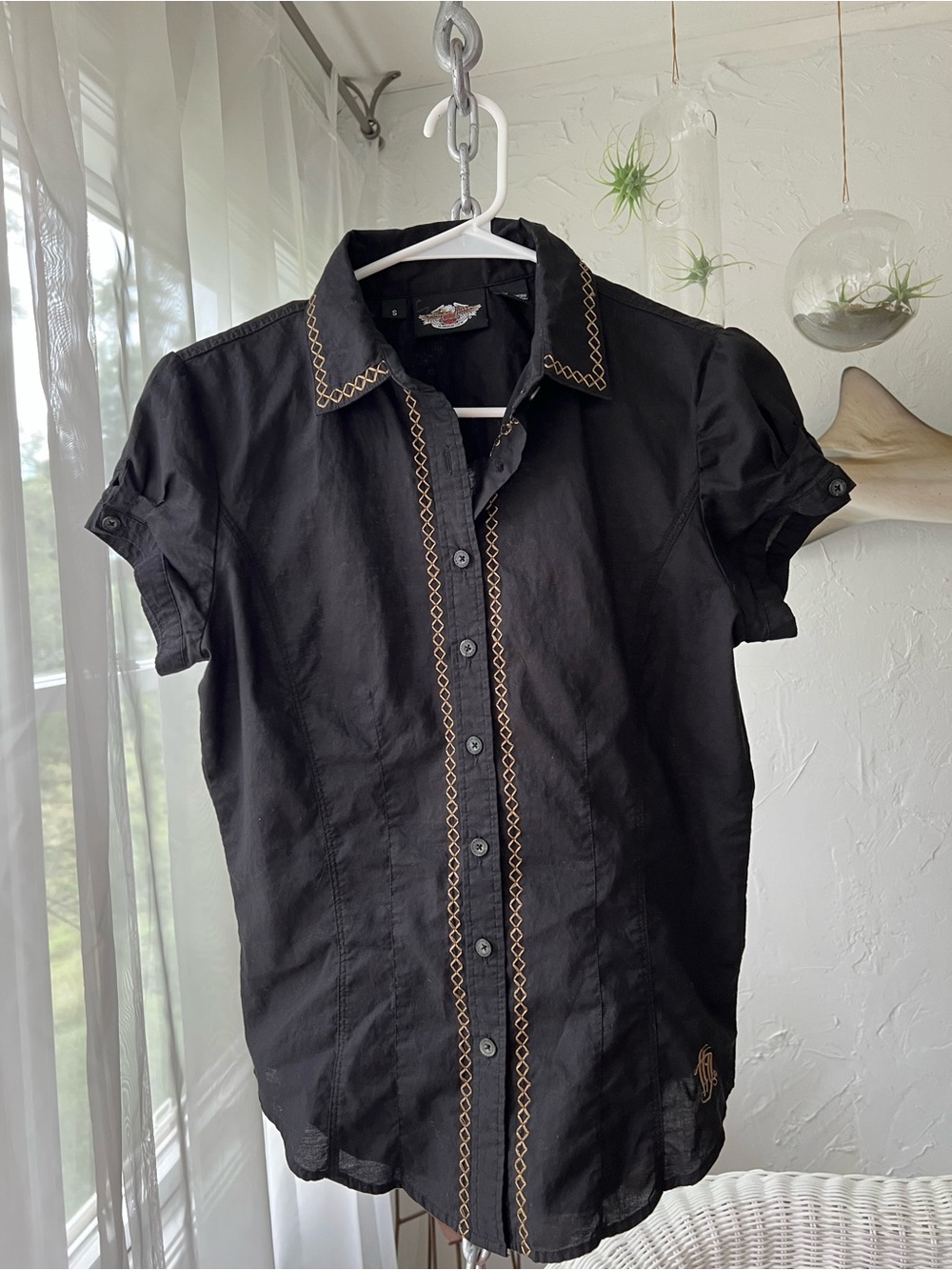 Harley-Davidson Black Short-Sleeve Button Down Shirt with Tan Stitching